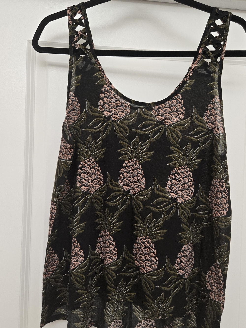 H&M Black Tank Top with Pink Pineapple Print and Olive Leaves
